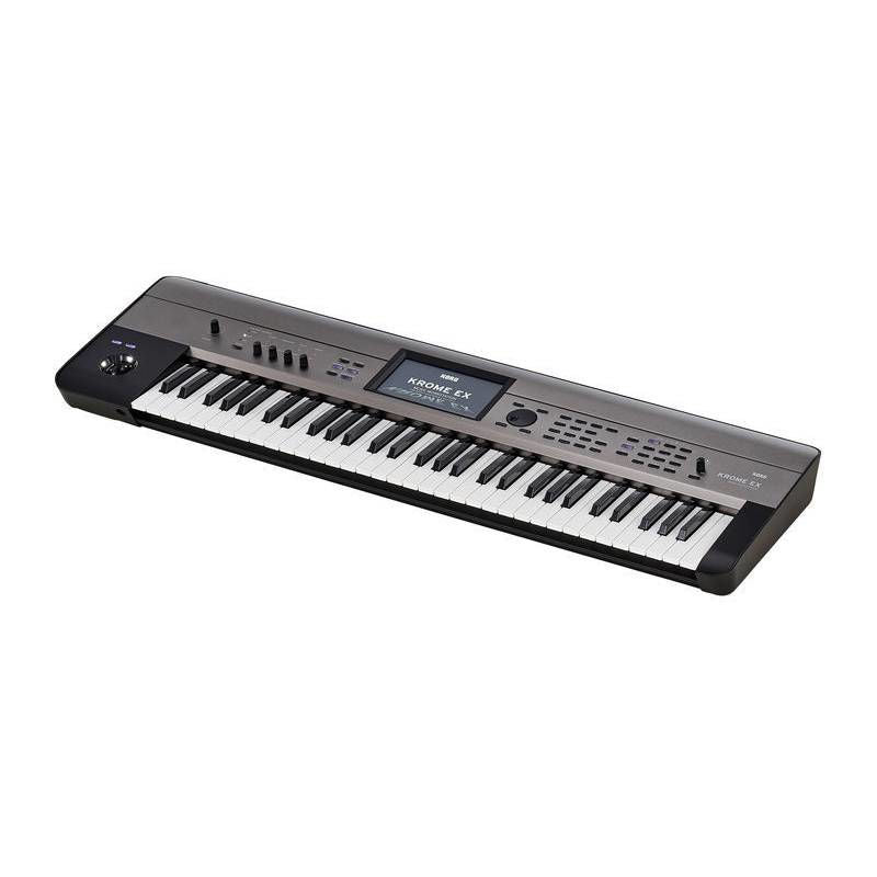 Korg Krome EX 61-key workstation synthesizer with digital interface and control knobs, showcasing its front panel and keys.