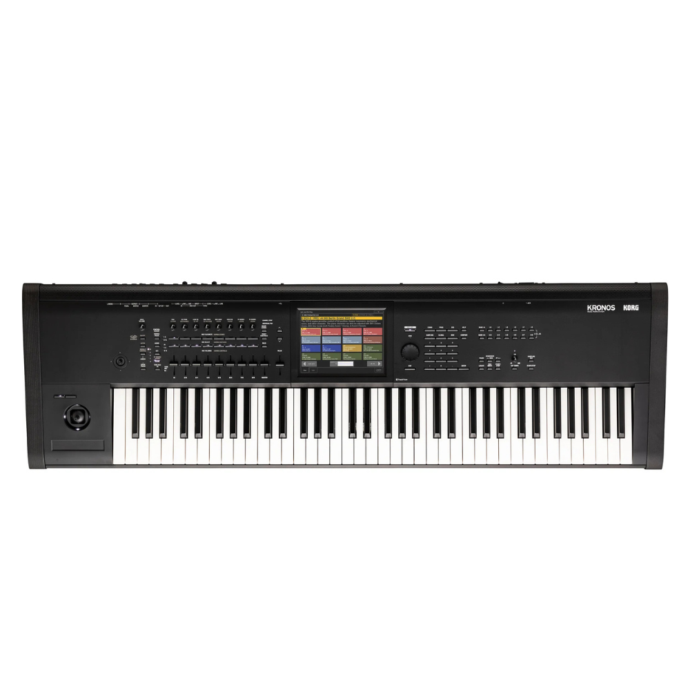 KORG KRONOS 3 workstation with 73 weighted hammer action keys, showcasing its sleek design and professional layout.
