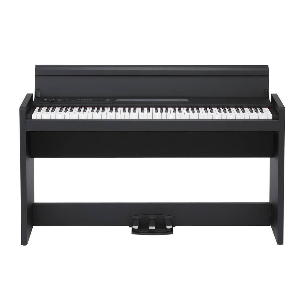 Korg LP-380 88-key black digital piano with sleek design and full-sized keys, ideal for home or studio music playing.