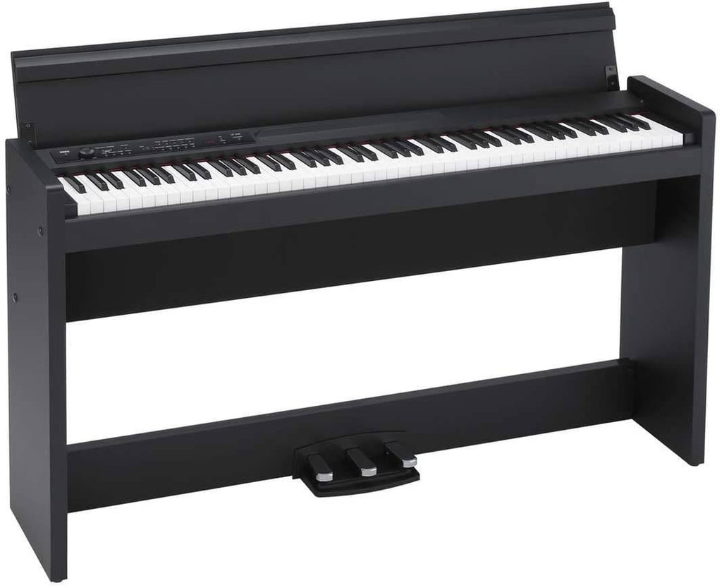 Korg LP-380 black 88-key digital piano with sleek design and full-sized keys, suitable for home and stage use.