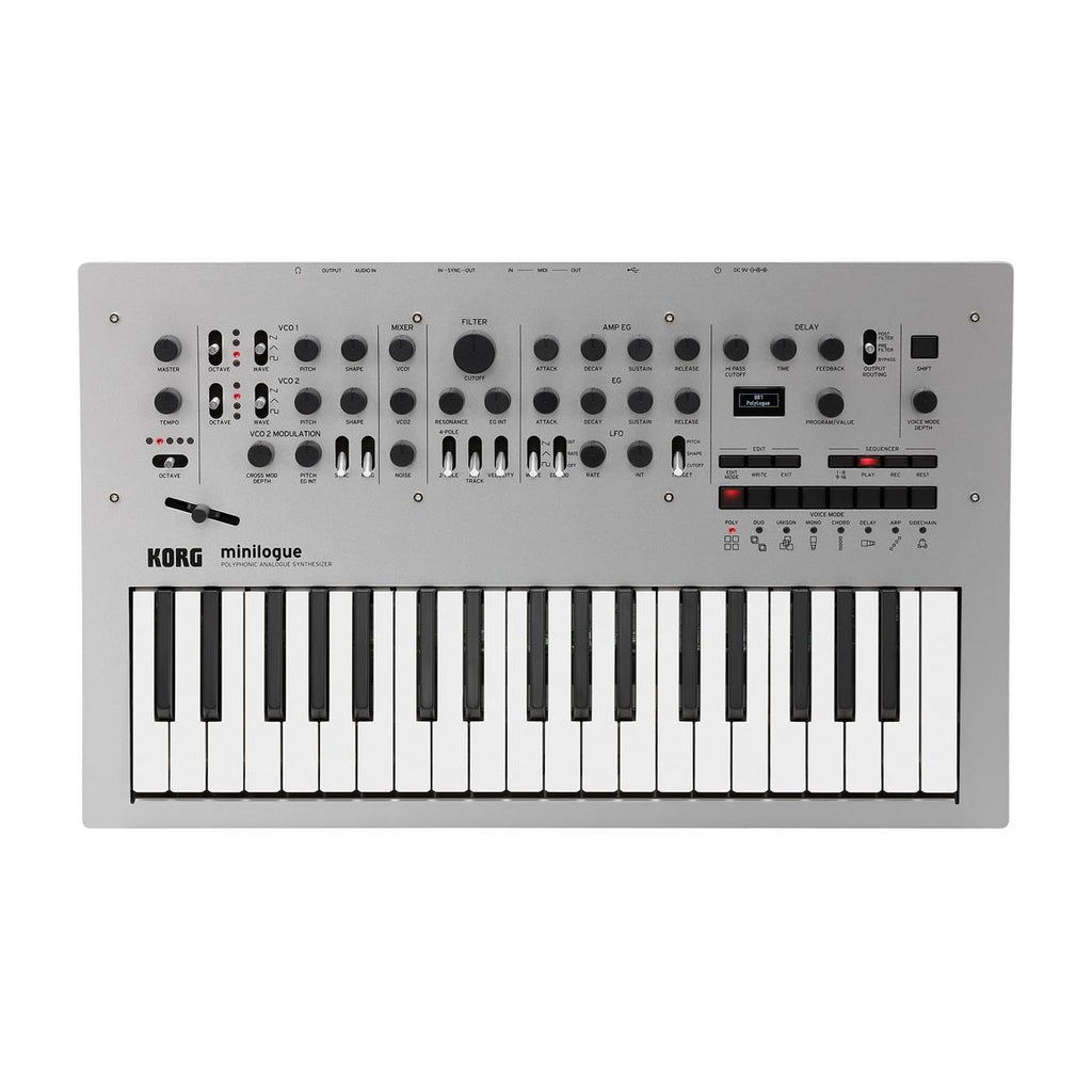 Korg Minilogue synthesizer keyboard with multiple control knobs and keys, compact design, and built-in audio output.