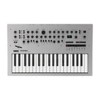 Korg Minilogue synthesizer keyboard with multiple control knobs and keys, compact design, and built-in audio output.