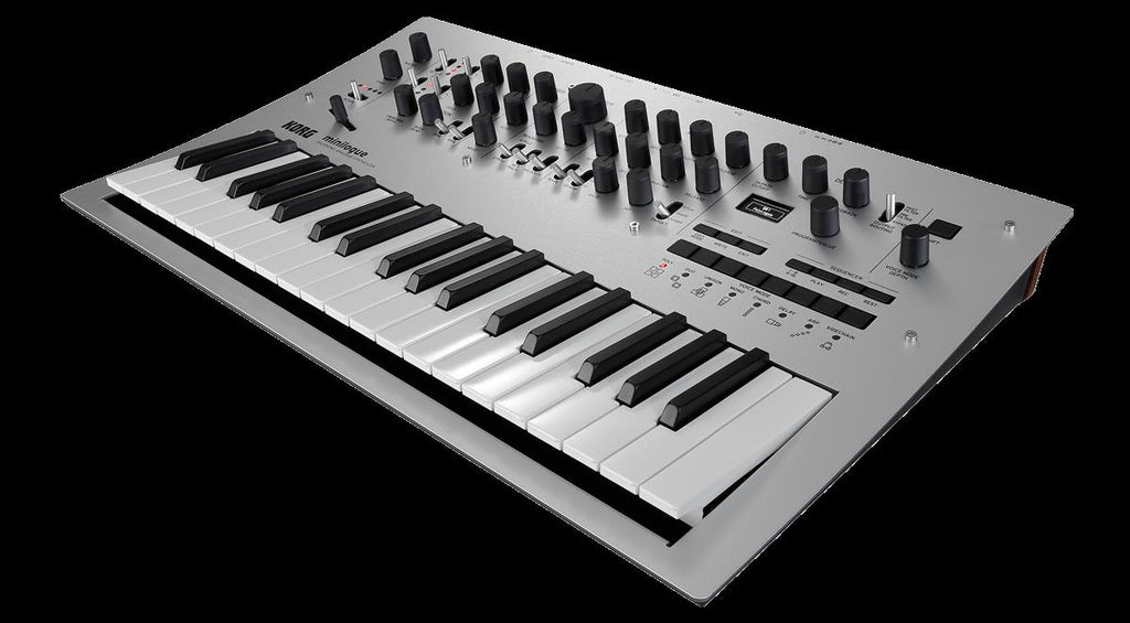 Korg Minilogue synthesizer keyboard with control knobs and display, perfect for music production and sound design.