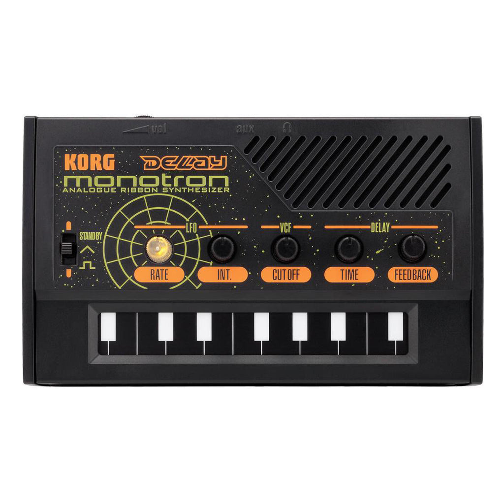 Korg Monotron Delay analog ribbon synthesizer featuring delay effect, compact design with controls and connectors visible.