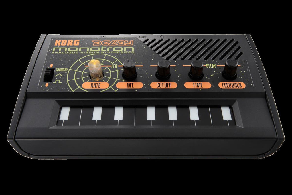 Korg Monotron Delay analog ribbon synthesizer featuring a compact design and delay effect controls.