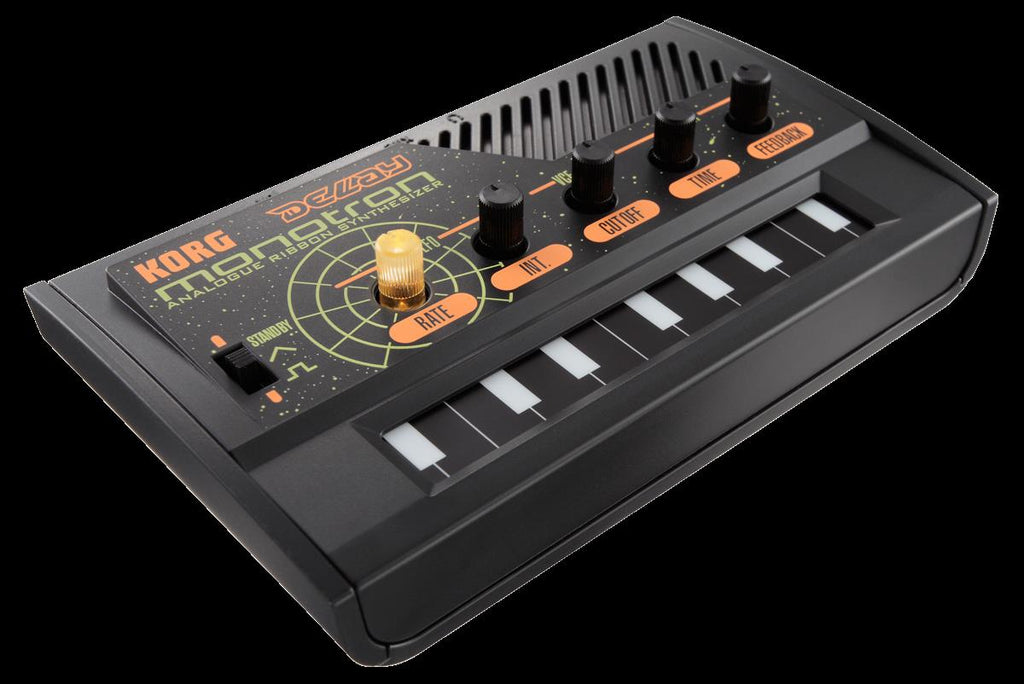 Korg Monotron Delay analog ribbon synthesizer showcasing its compact design and delay controls.