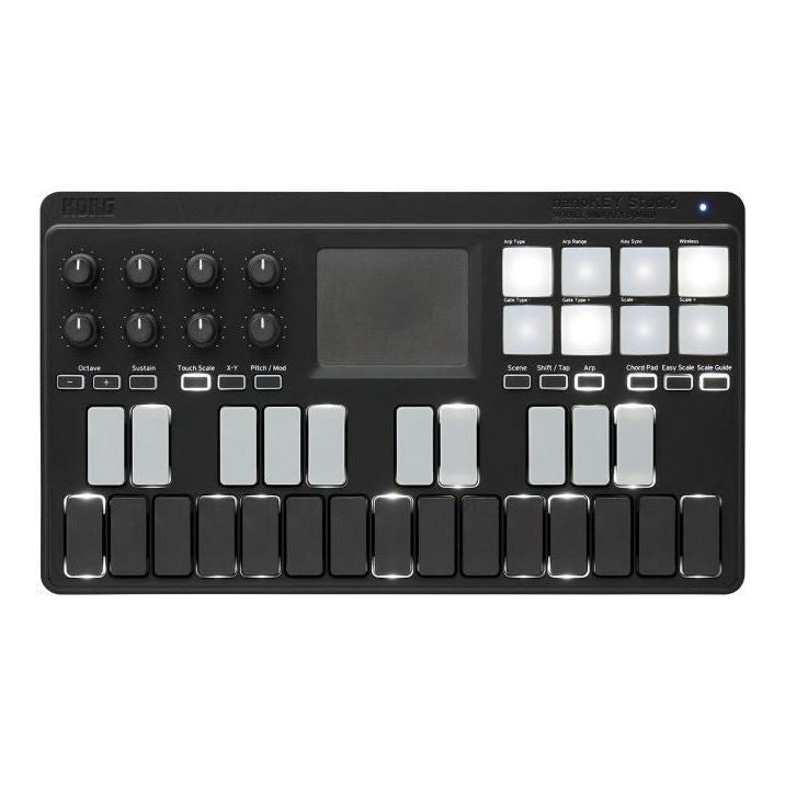 Korg nanoKEY Studio portable MIDI keyboard with keys and control knobs, designed for music production and MIDI control.