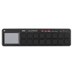 Black Korg nanoPAD2 MIDI controller with 16 drum pads and control knobs, designed for music production and performance.