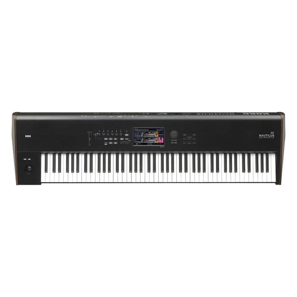 Korg Nautilus AT 88-key music workstation with aftertouch, featuring a sleek black keyboard and control interface.