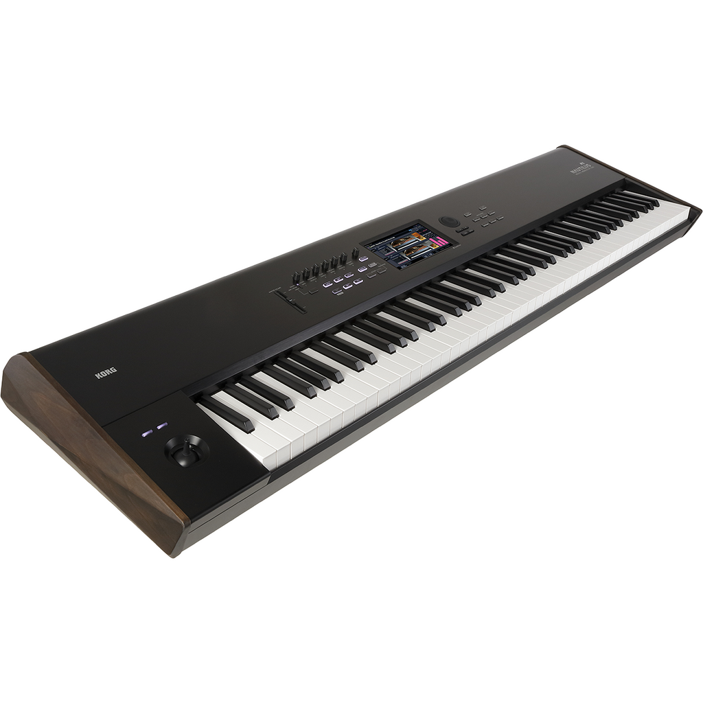 Korg Nautilus AT 88-key music workstation with aftertouch, featuring a sleek black design and control panel with display.