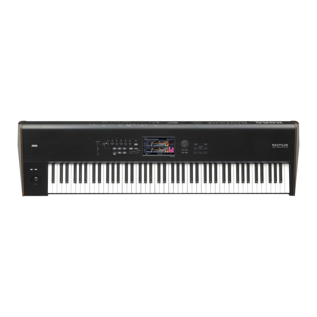 Korg Nautilus 88-key music workstation with digital display and control knobs, perfect for professional music production.