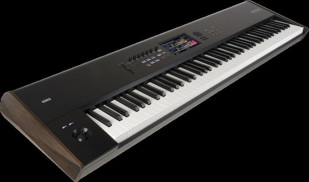 Korg Nautilus 88-key music workstation with black keyboard and control knobs, designed for professional music production and performance.