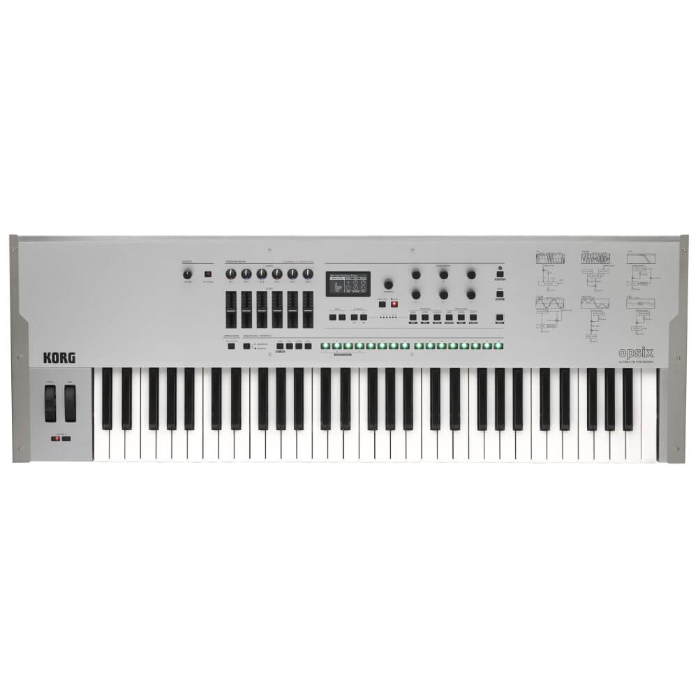 Korg limited edition opsix SE 61-note synthesizer keyboard with protective case in platinum finish, showcasing control panel and keys.