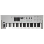 Korg limited edition opsix SE 61-note synthesizer keyboard with protective case in platinum finish, showcasing control panel and keys.