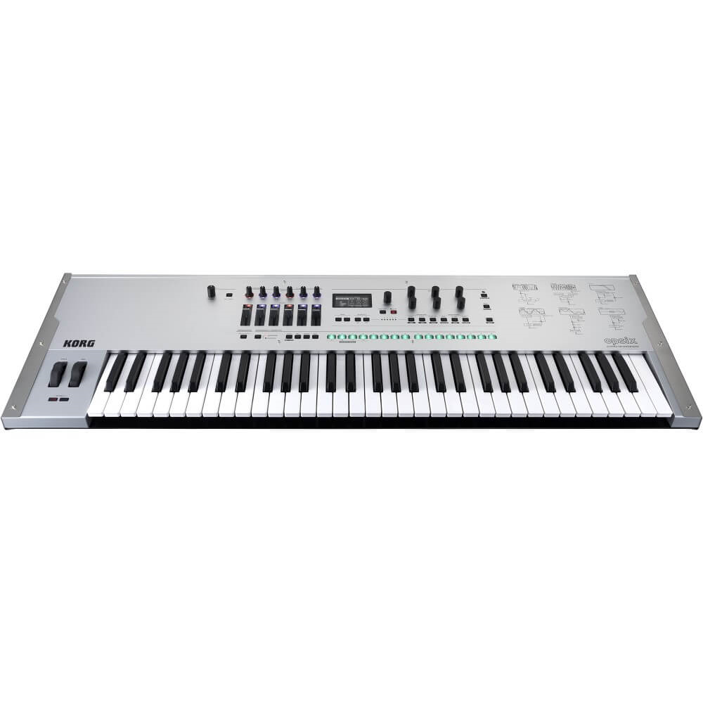 Korg limited edition opsix SE 61-note synthesizer keyboard with protective case in platinum color, featuring control knobs and display.