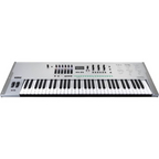 Korg limited edition opsix SE 61-note synthesizer keyboard with protective case in platinum color, featuring control knobs and display.