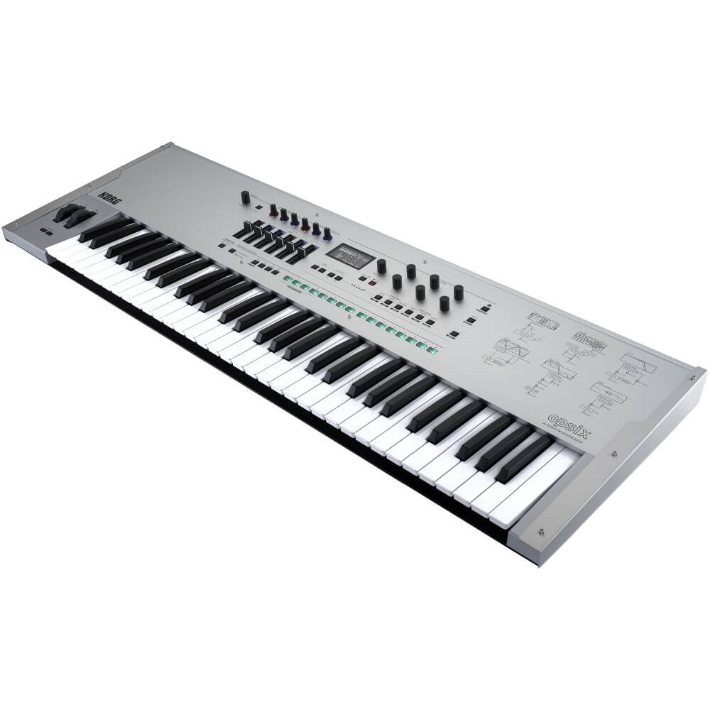 Korg limited edition opsix SE 61-note synthesizer keyboard with case, featuring platinum finish and control panel.