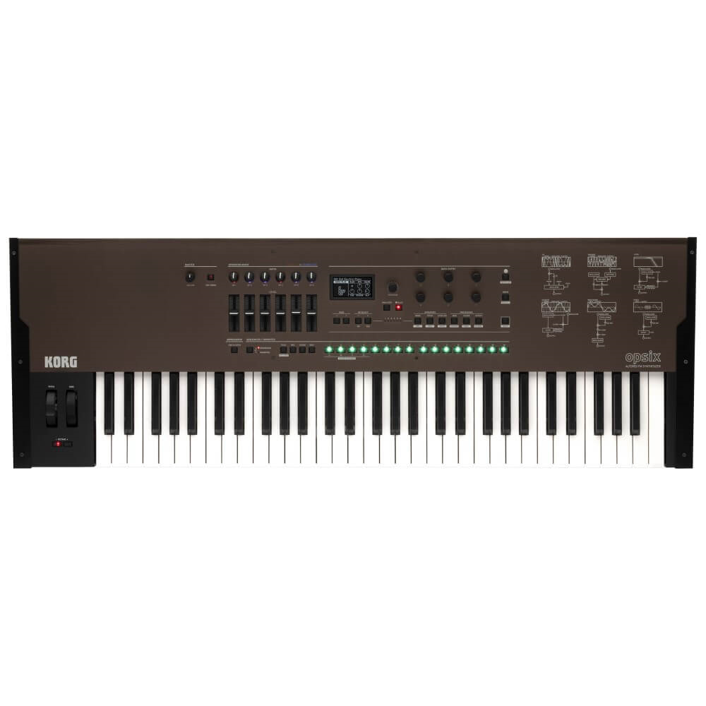 Black Korg opsix SE 61-note synthesizer keyboard with case, featuring various control knobs and a compact design for music production.