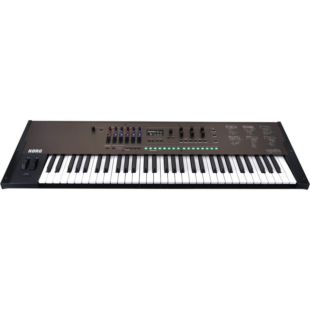 Black Korg opsix SE 61-note synthesizer keyboard with carrying case, featuring control knobs and a digital display.