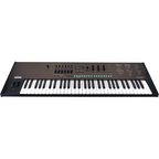 Black Korg opsix SE 61-note synthesizer keyboard with carrying case, featuring control knobs and a digital display.