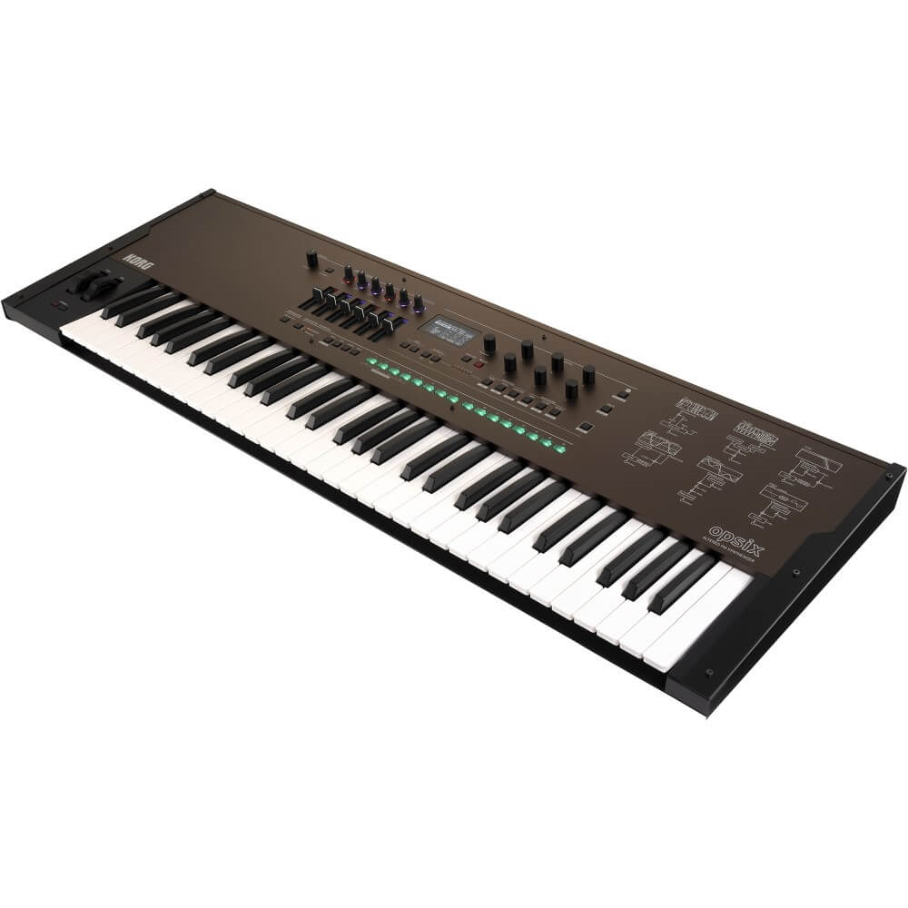 Black Korg OP-SIX SE 61-note synthesizer keyboard with case, showing a sleek compact design and control knobs.