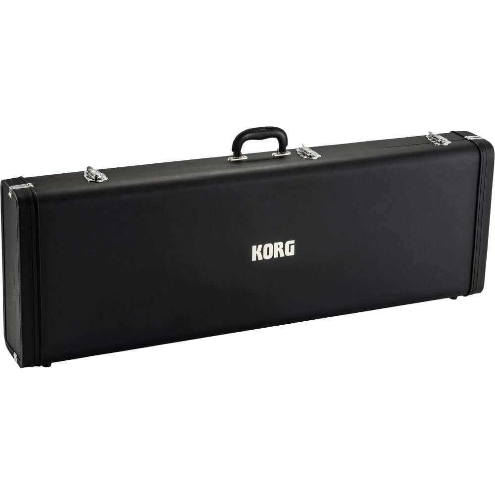 Black Korg Opsix SE 61-note synthesizer keyboard with protective case, featuring control knobs and a compact design.