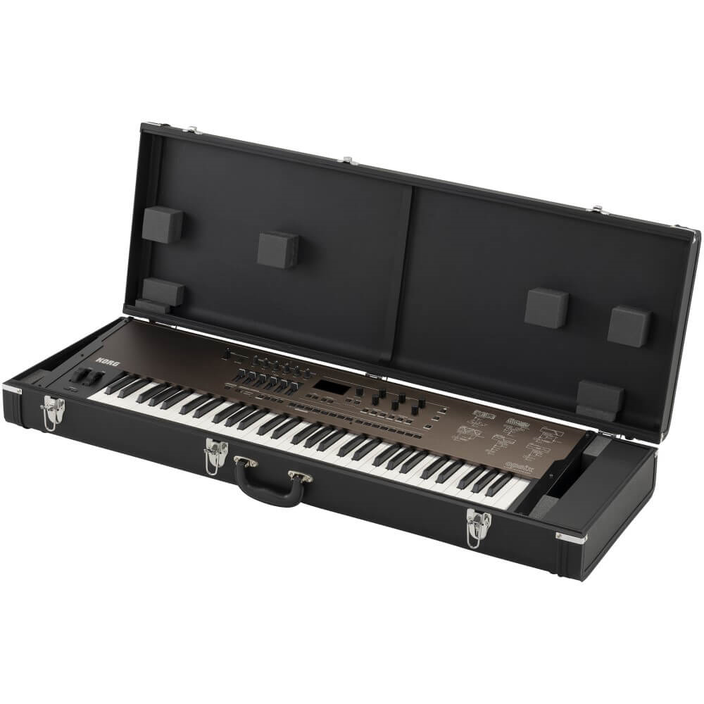 Black Korg opsix SE 61-note synthesizer keyboard with case, featuring control knobs and keys, designed for studio and live music.