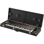 Black Korg opsix SE 61-note synthesizer keyboard with case, featuring control knobs and keys, designed for studio and live music.