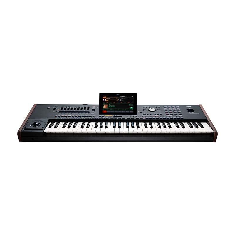 Korg PA5x-61 professional arranger keyboard with 61 keys, featuring a sleek black design and various control knobs and buttons.