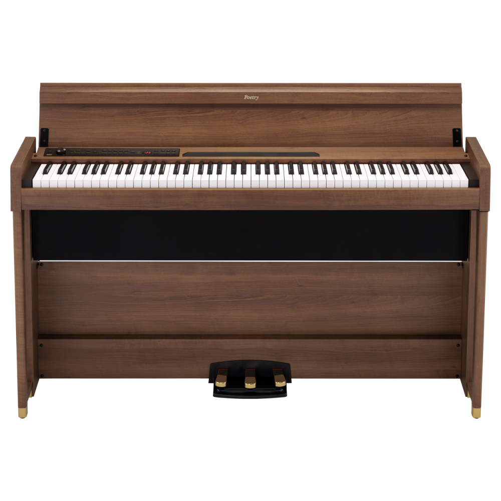 Korg Poetry 88-key hammer action digital piano with black finish, featuring keyboard and control panel for expressive playing.