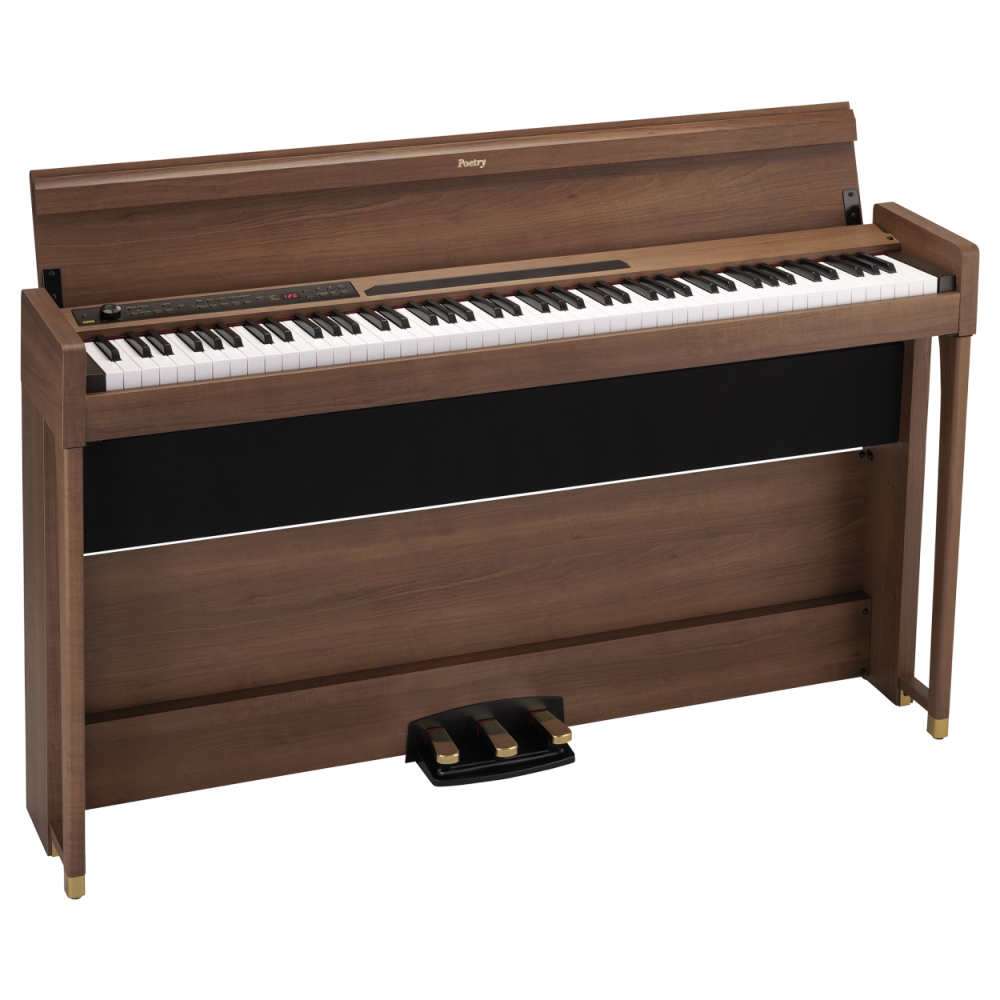 Korg Poetry 88-note hammer action digital piano with black finish, featuring keyboard keys and control panel.