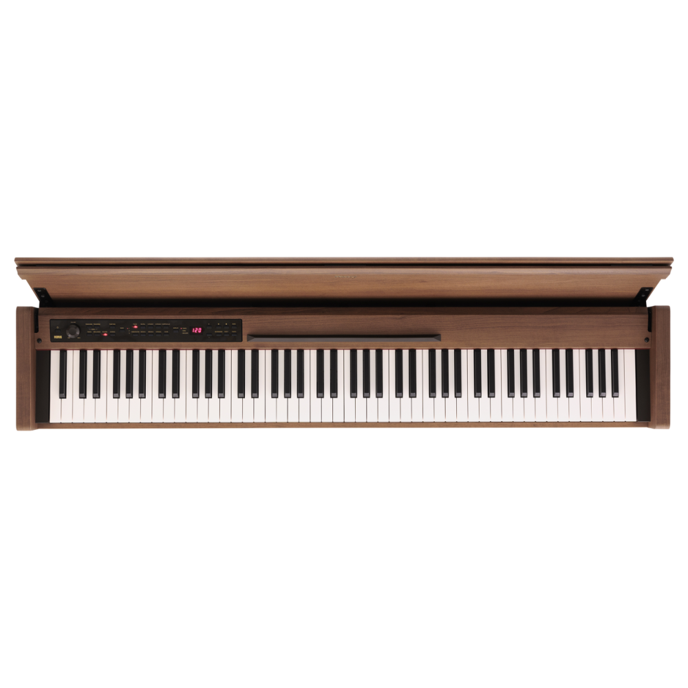 Korg Poetry 88-note hammer action digital piano with black finish, showing the keyboard and control panel.