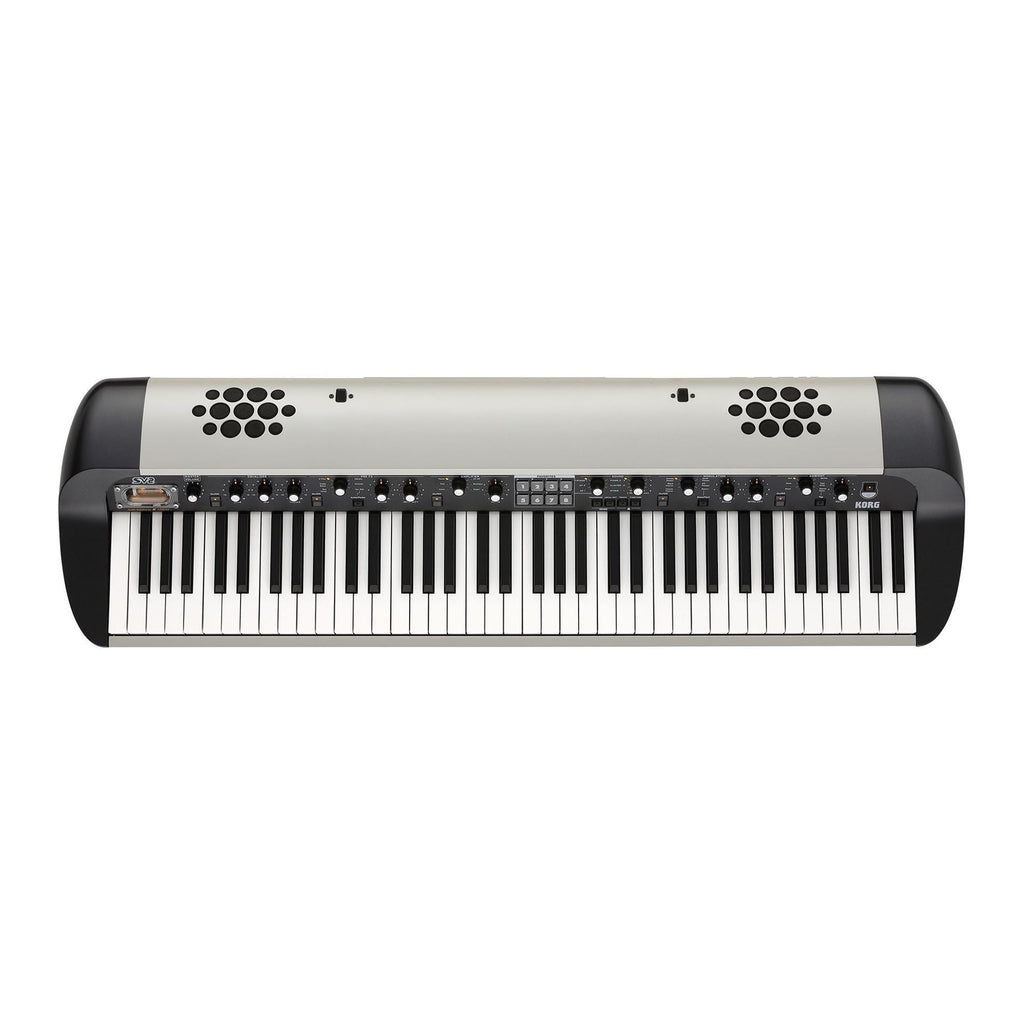 Korg SV-2 73-key stage vintage piano keyboard with built-in speaker system, showcasing its textured wood finish and control panel.