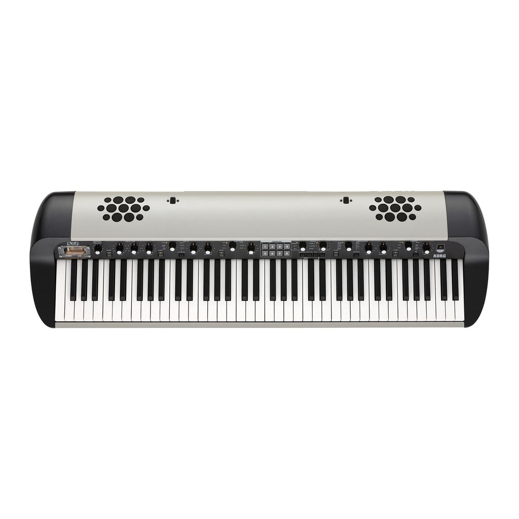 Korg SV-2 73-key vintage stage piano with built-in speaker system, showcasing classic design and keyboard keys.