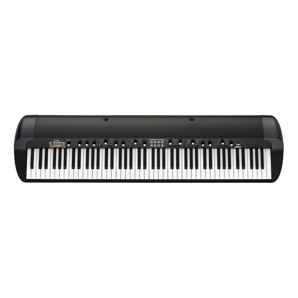 Korg SV-2 88-key stage vintage piano keyboard in black, showing the sleek black design and control panel on stage.