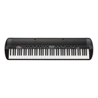 Korg SV-2 88-key stage vintage piano keyboard in black, showing the sleek black design and control panel on stage.
