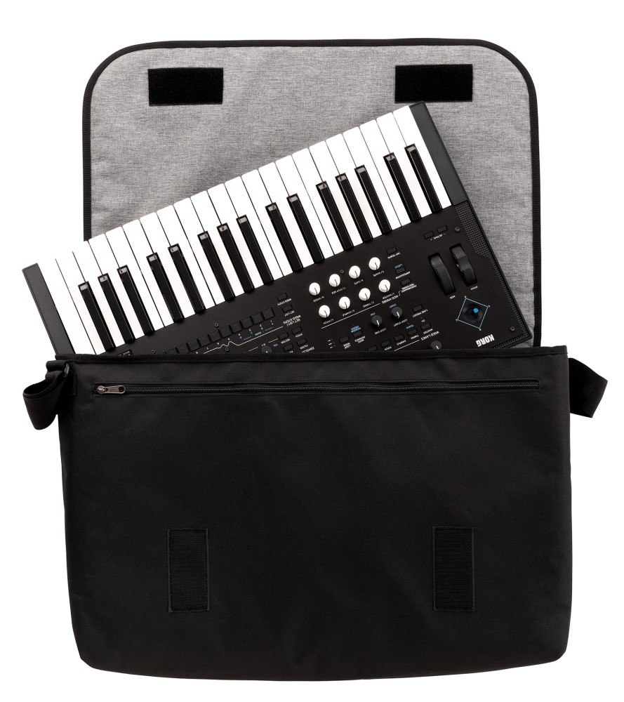 Korg Sequenz padded messenger bag for medium-size synthesizers and controllers, featuring durable fabric and adjustable strap.