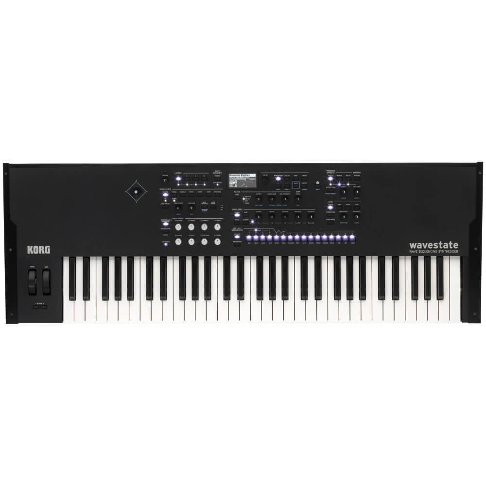 Korg Wavestate SE 61-note digital synthesizer keyboard with case, featuring wave sequencing and black finish.