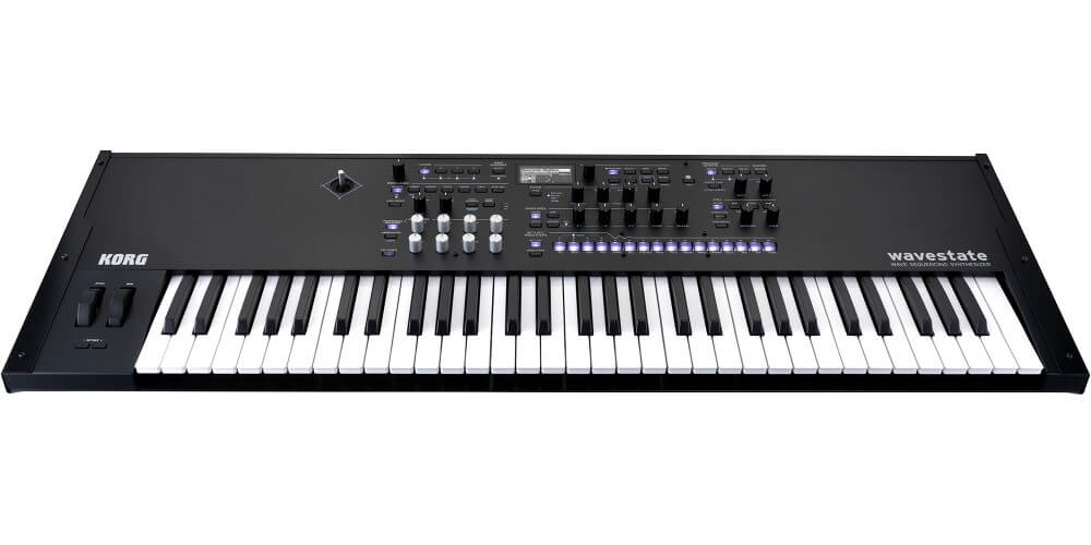 Korg Wavestate SE 61-note digital synthesizer keyboard with case, featuring wave sequencing and black finish.