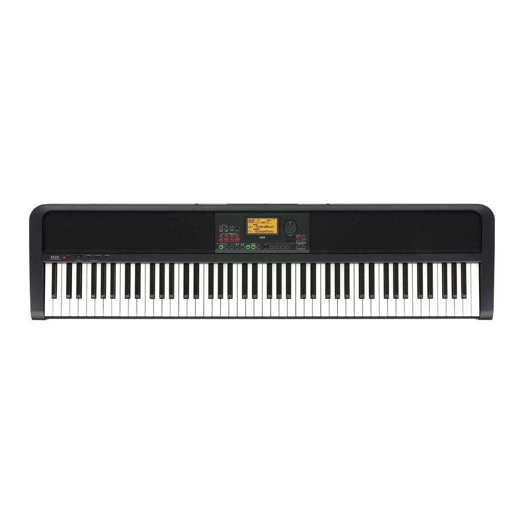 Korg XE20 digital ensemble piano with a sleek design, showcasing keys and control panel for stage performance.