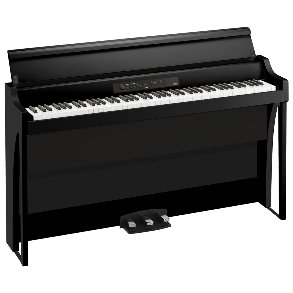 Black Korg G1 Air 88-key digital piano with Bluetooth connectivity, featuring a sleek design and digital keyboard keys.