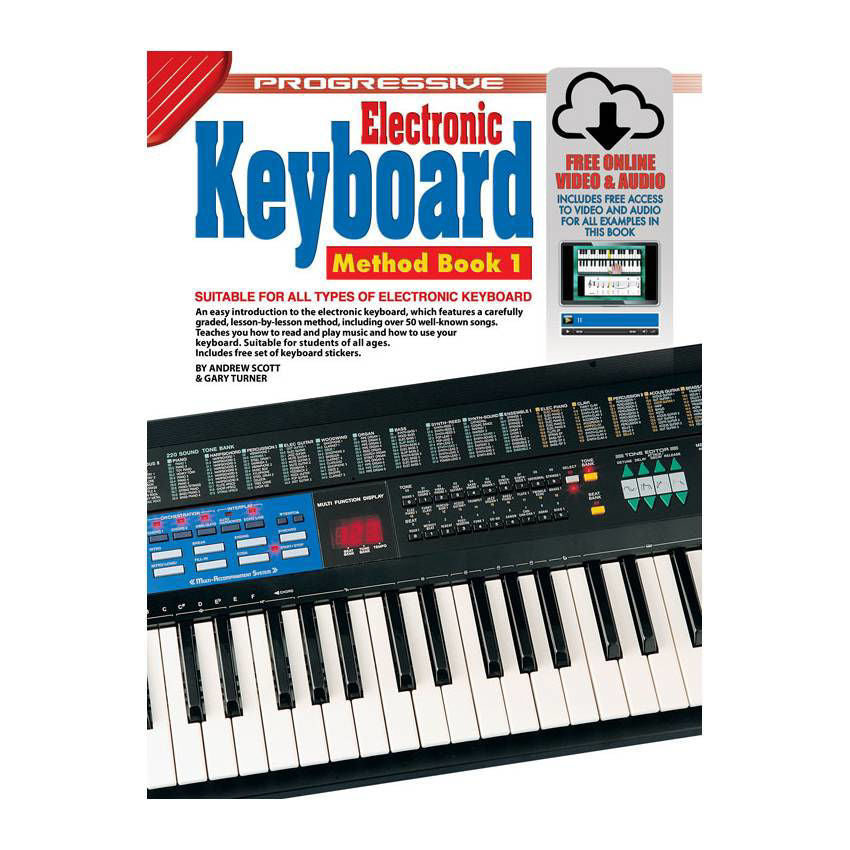 Progressive KPEK1X electronic keyboard method book 1 by Learn To Play Books with online media, featuring sheet music and instructions.