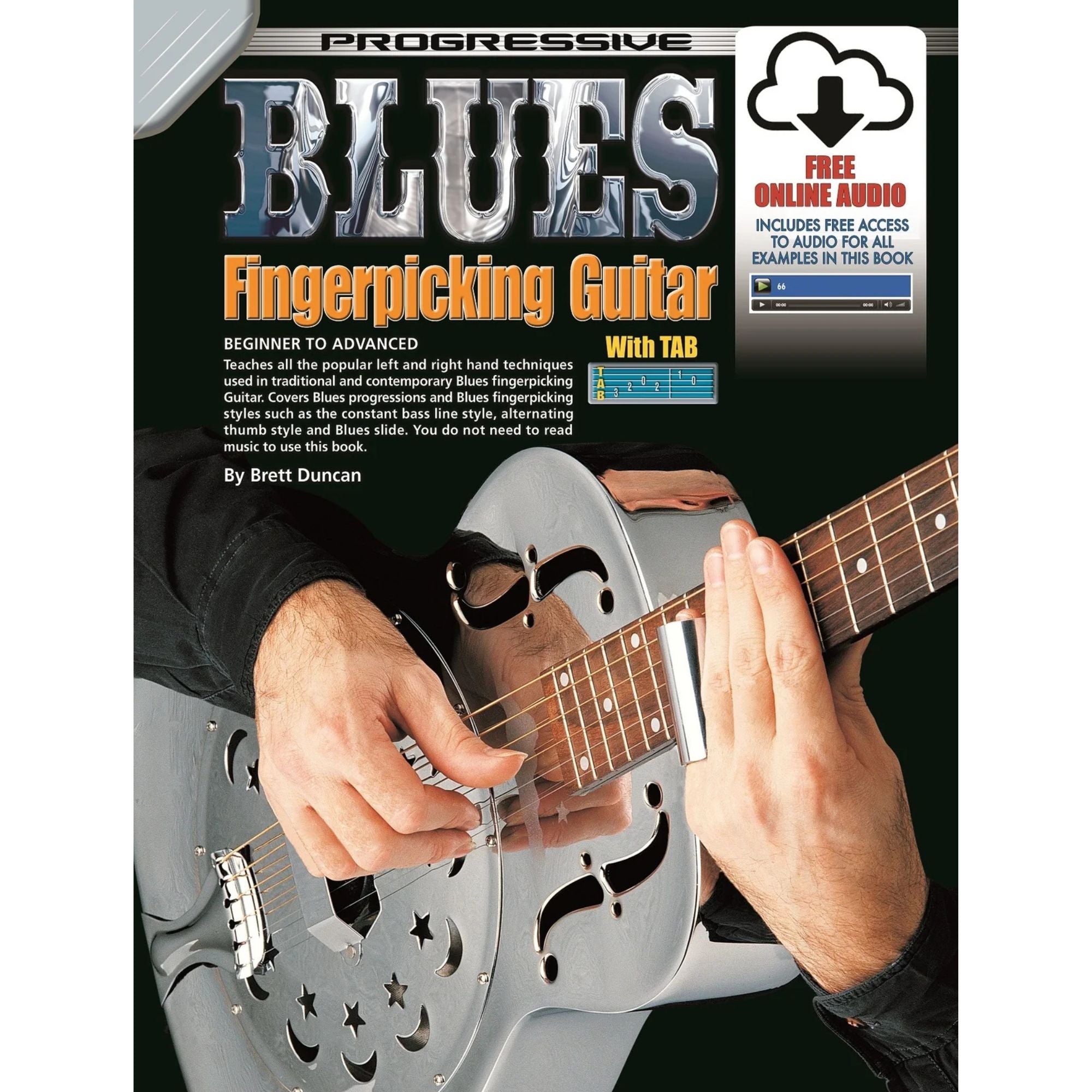 Progressive KPFBGCP Blues Fingerpicking Guitar Book and CD by Books, featuring guitar tabs and instructional content.