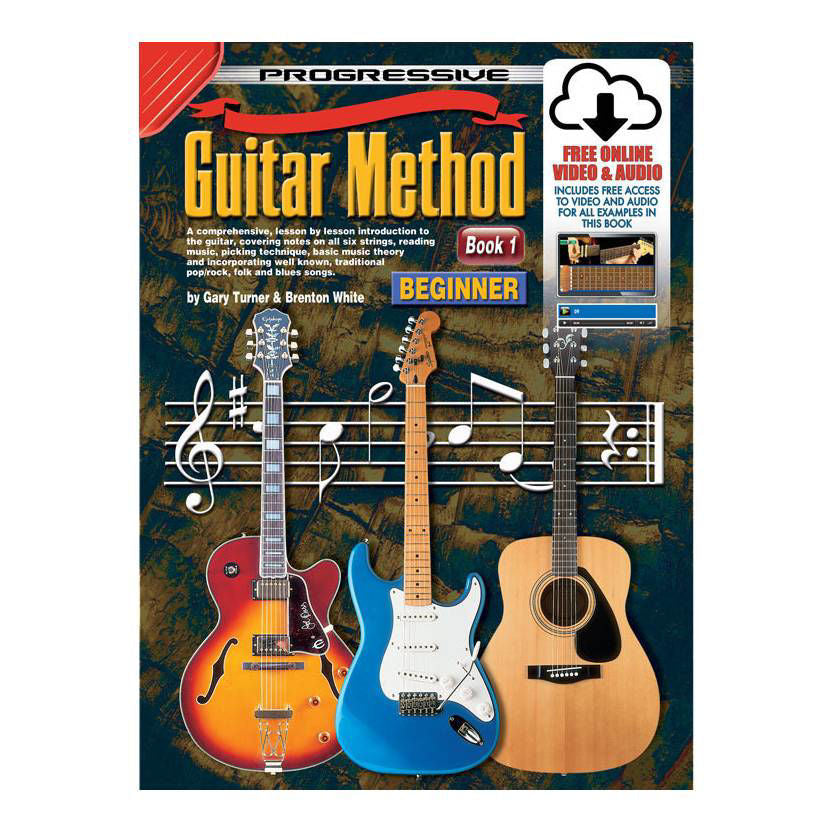 Progressive KPGM1X Guitar Method Book 1 with online media by Learn To Play Books, showing the book cover and included materials.