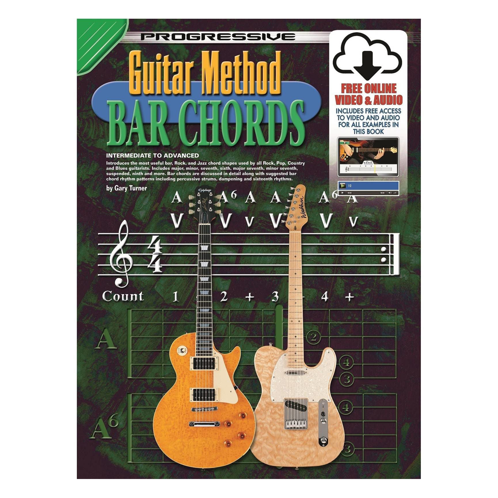 Progressive KPGMBCX guitar method book with online videos and audio, featuring bar chords for learning and practice.