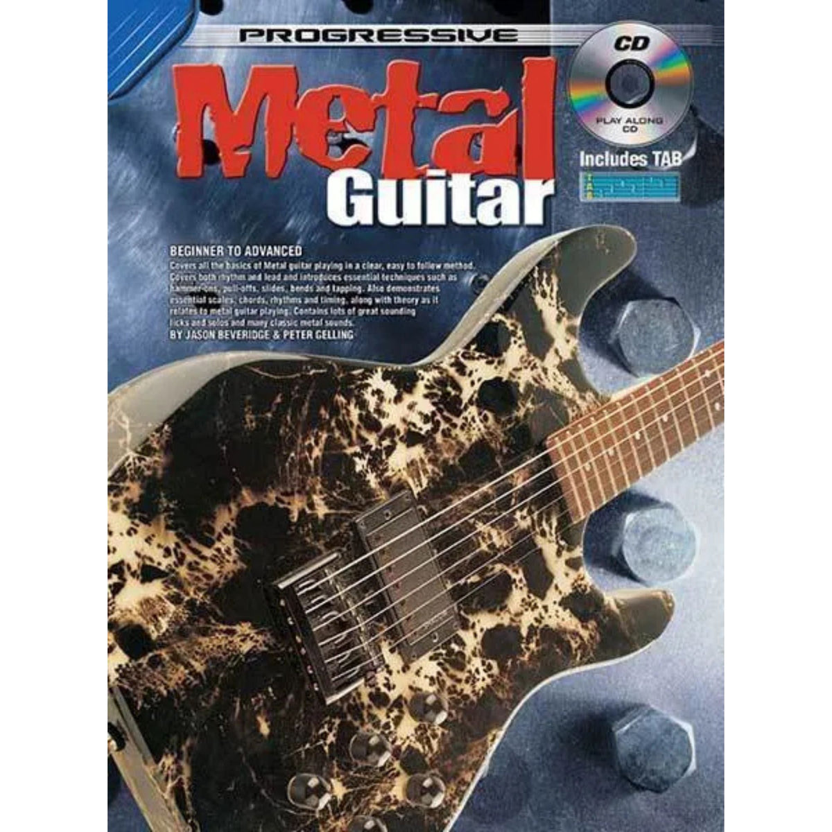 Progressive KPMGCP metal guitar book and CD by Learn To Play Books, showing guitar tabs and instructional material.