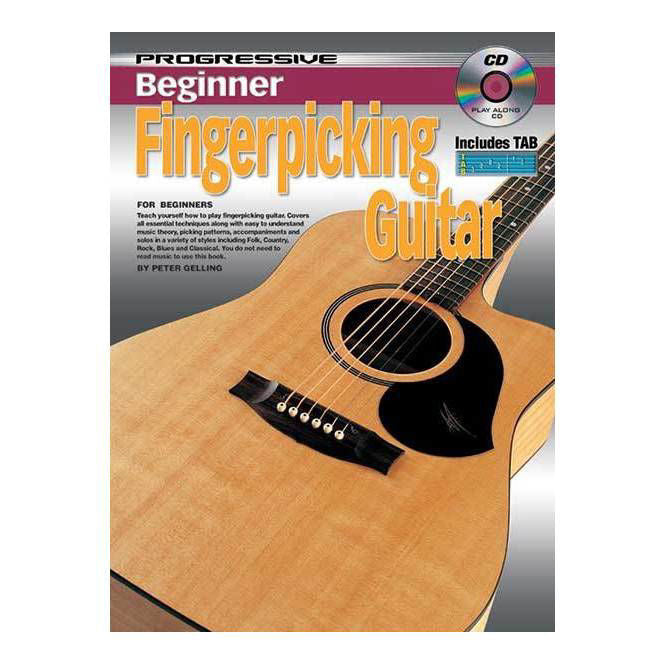 Beginner fingerpicking guitar book by Progressive, featuring instructional content and exercises for learners.