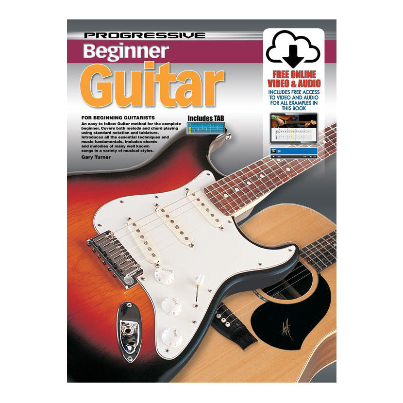 Progressive KPPBGX beginner guitar book by Learn To Play Books with online media, showing the front cover and sample pages.