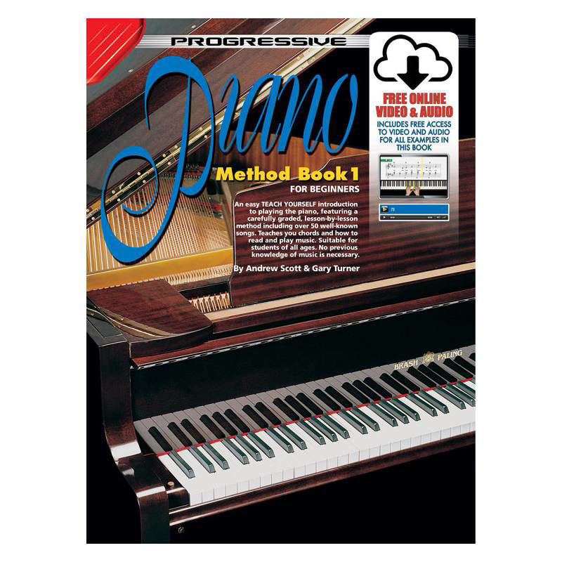 Progressive KPPM1X Piano Method Book 1 by Learn To Play Books with online media, showing colorful cover and sample pages.