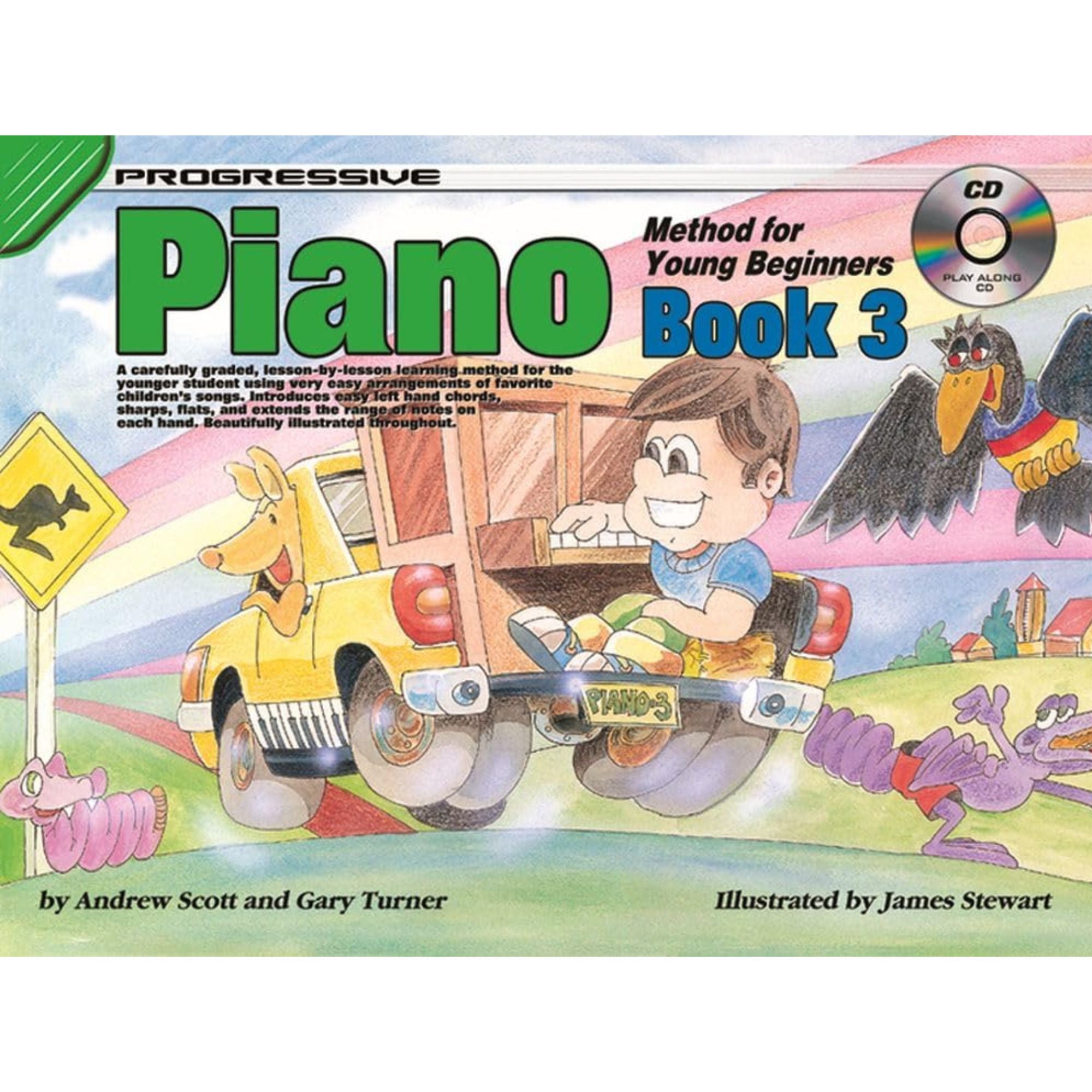 Progressive KPYP3X Piano Book 3 for Young Beginners, showing colorful cover with musical notes and piano illustrations.